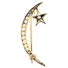 Vintage 14 Karat Yellow Gold and Seed Pearl Moon and Star Brooch or Pin