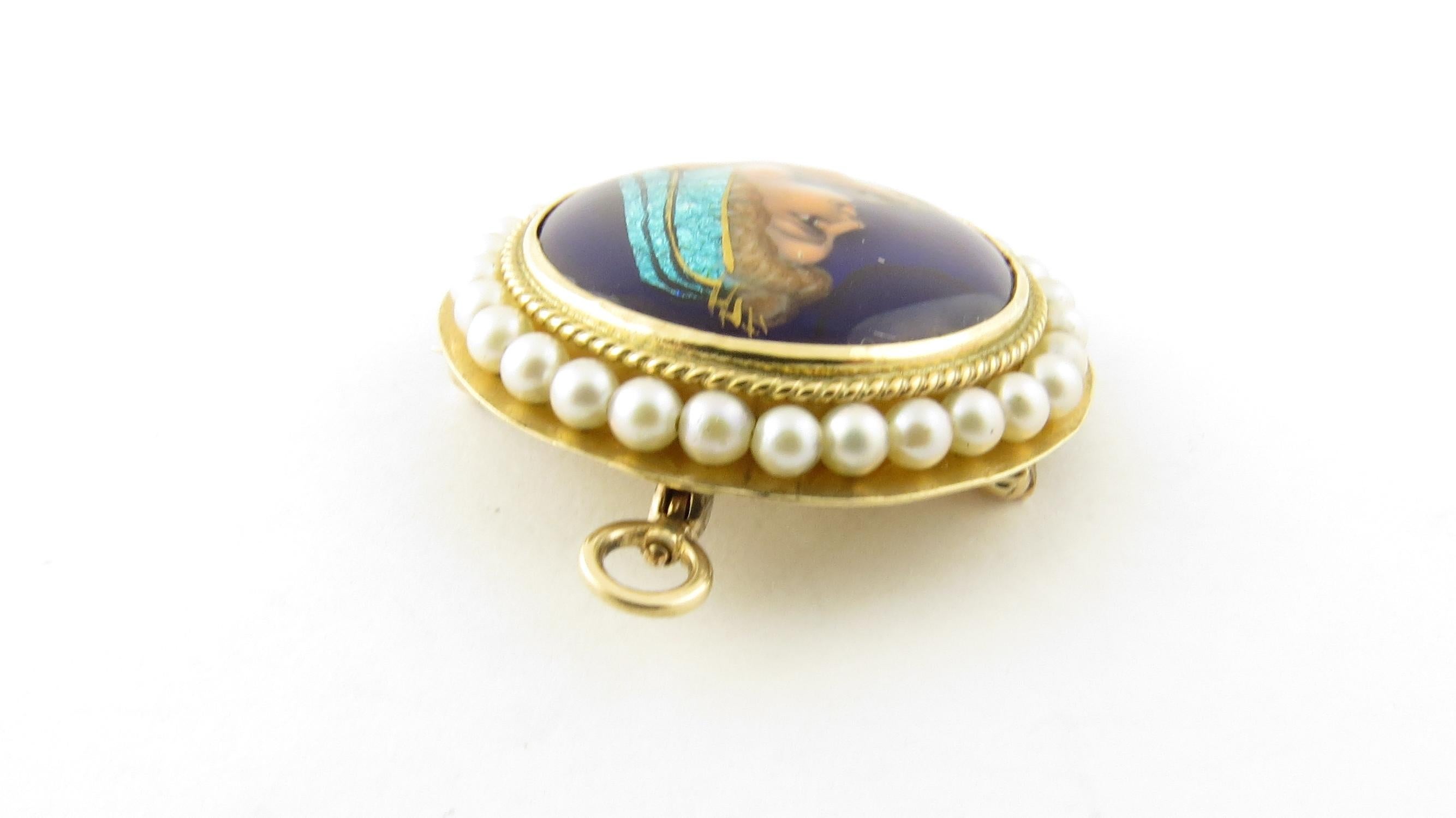 Round Cut 14 Karat Yellow Gold and Seed Pearl Painted Cameo Pendant / Brooch