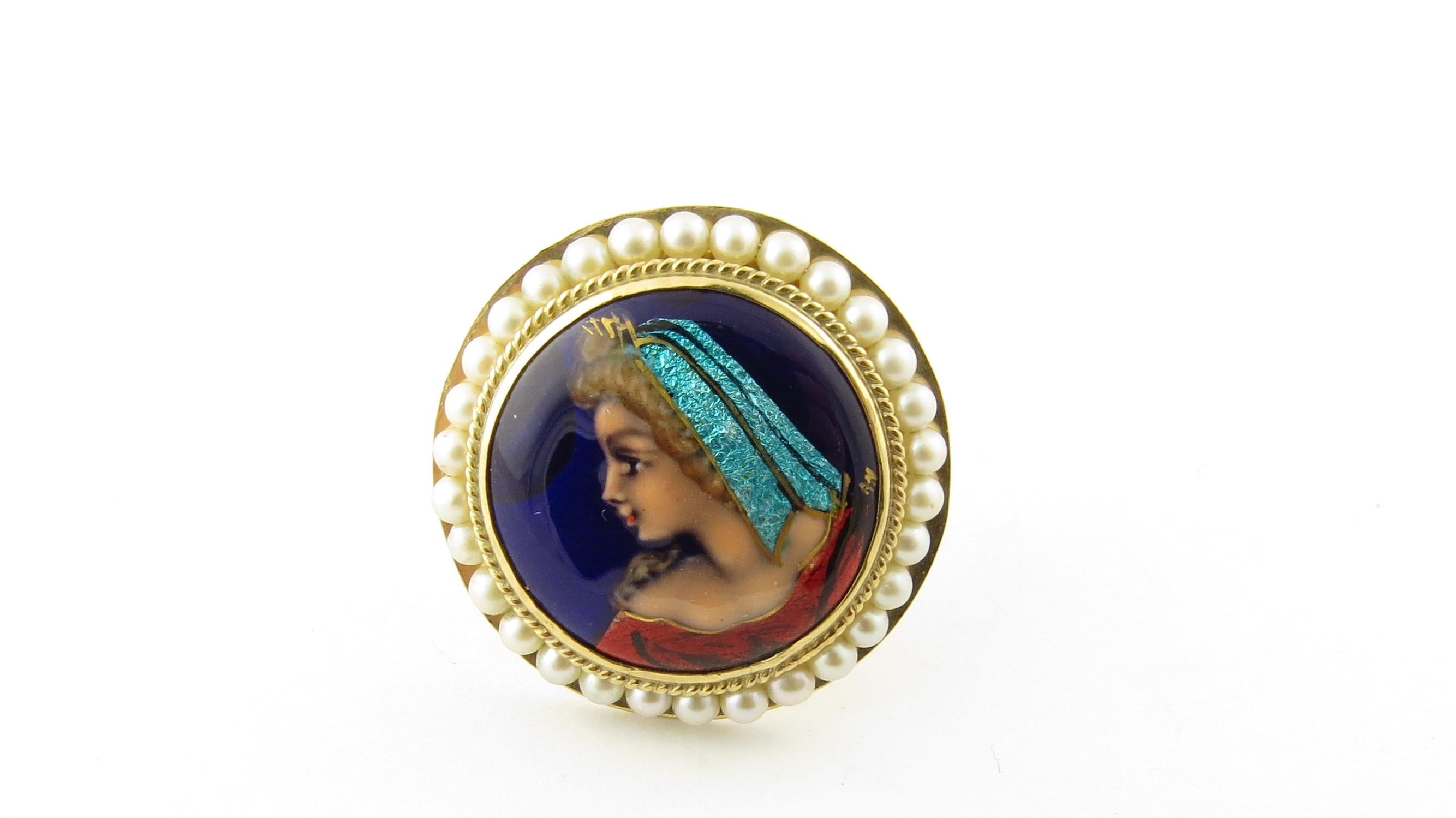 14 Karat Yellow Gold and Seed Pearl Painted Cameo Pendant / Brooch 4