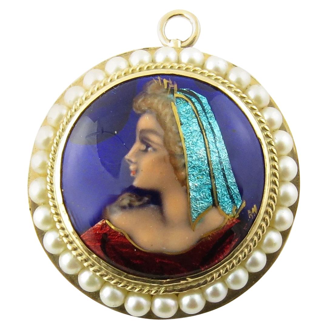 14 Karat Yellow Gold and Seed Pearl Painted Cameo Pendant / Brooch