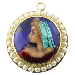 14 Karat Yellow Gold and Seed Pearl Painted Cameo Pendant / Brooch