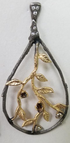 14 Karat Yellow Gold and Silver Bark and Leaf Diamond Earrings