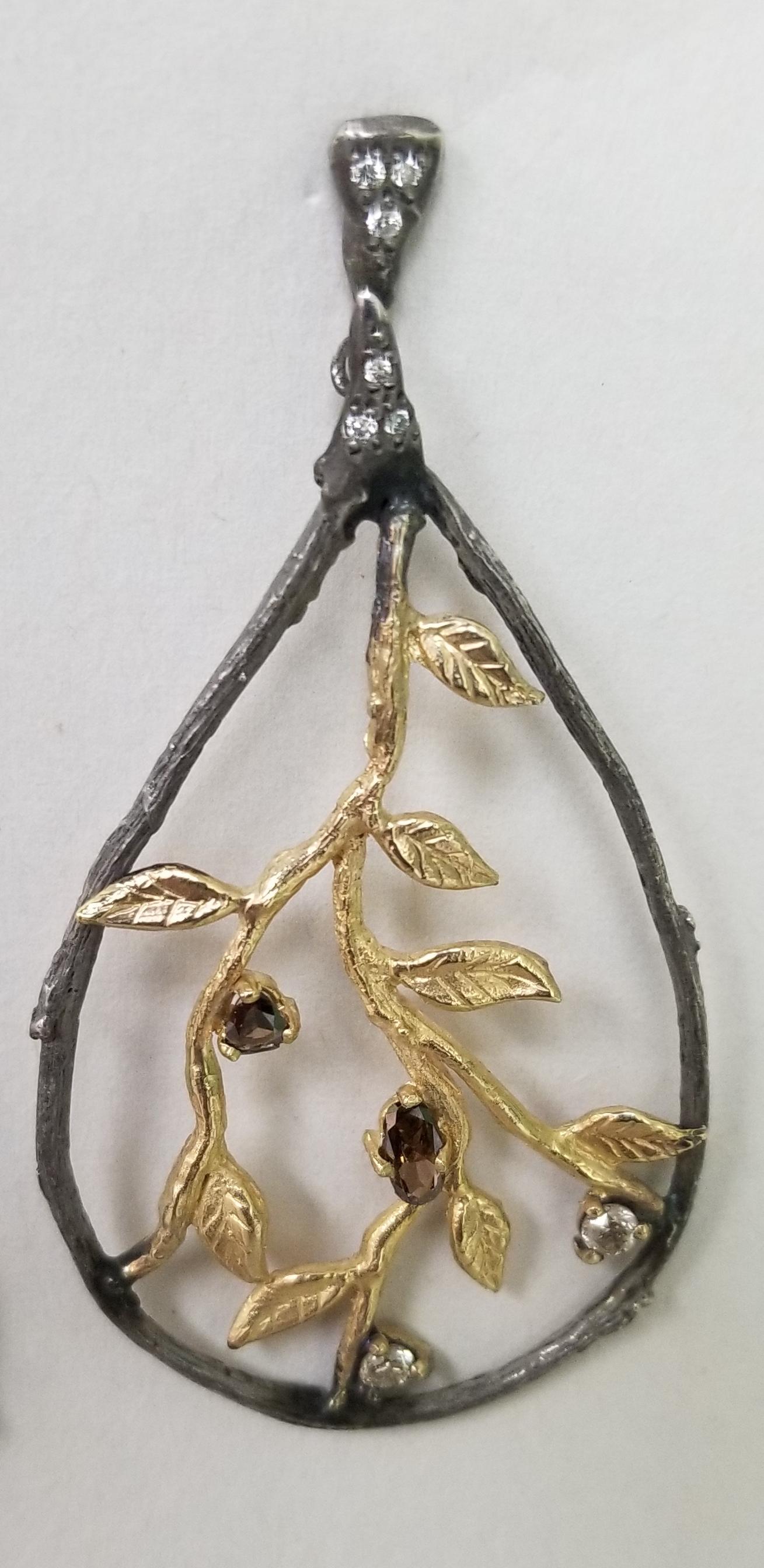 Arts and Crafts 14 Karat Yellow Gold and Silver Bark and Leaf Diamond Earrings For Sale