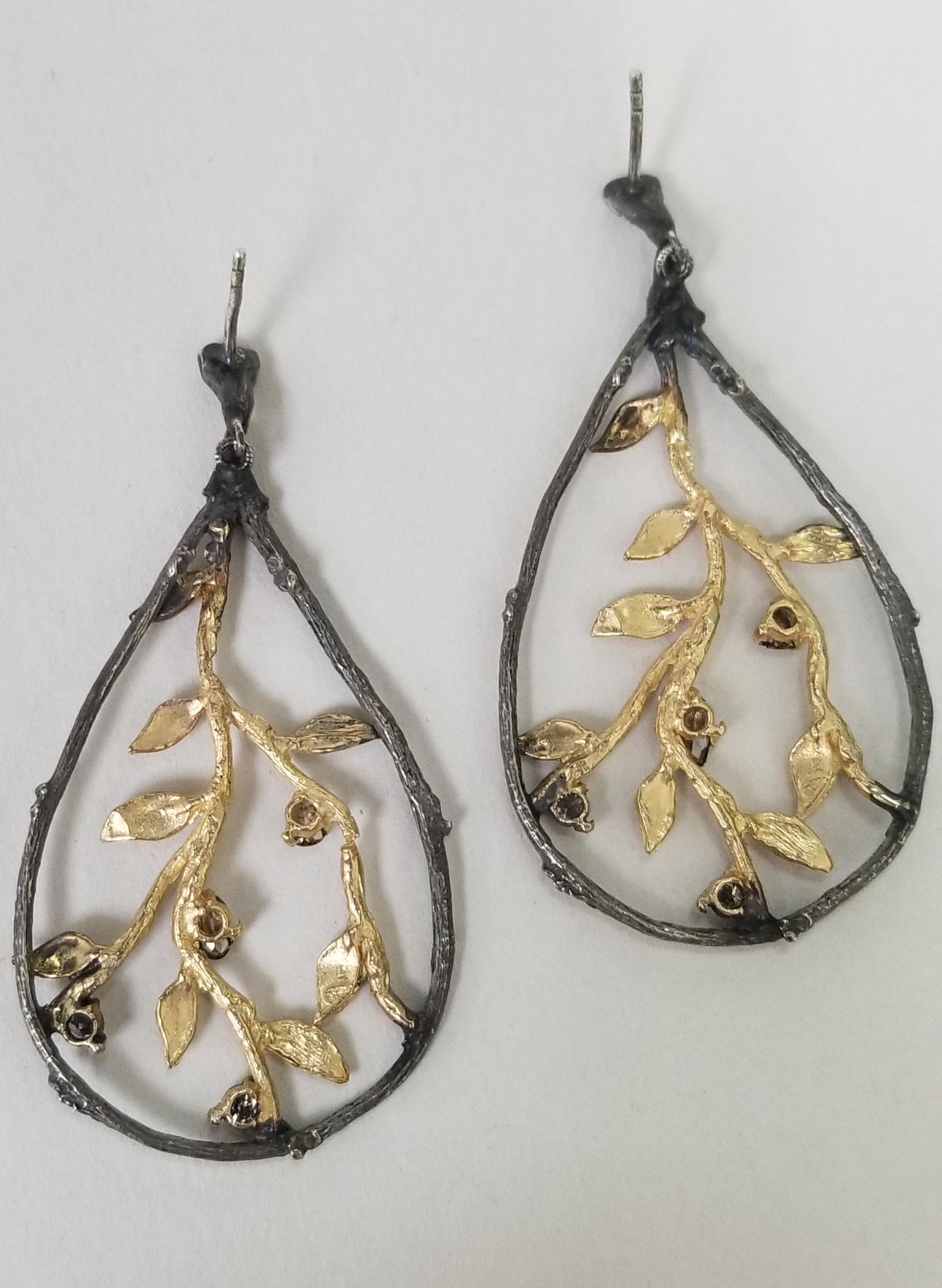 Round Cut 14 Karat Yellow Gold and Silver Bark and Leaf Diamond Earrings For Sale