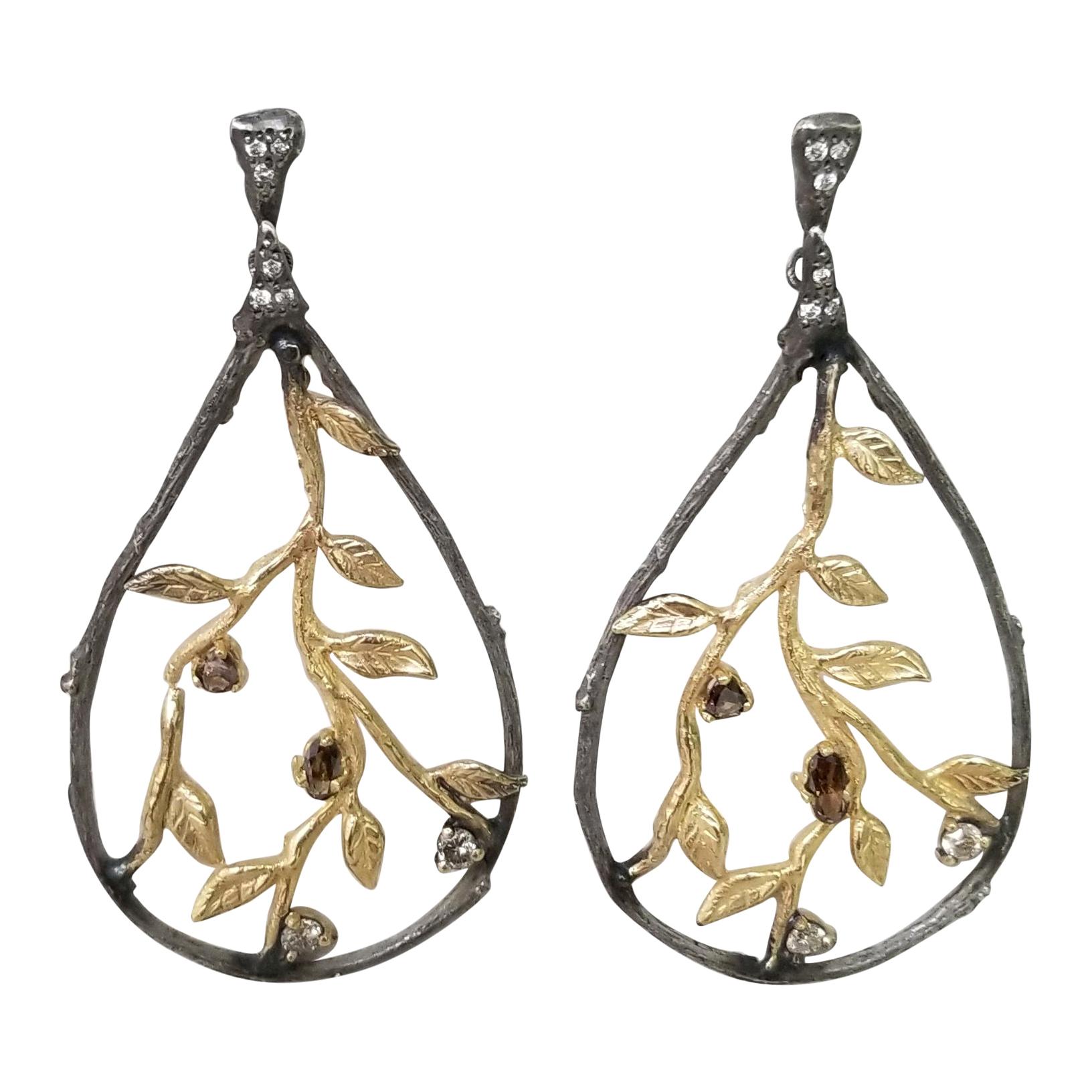 14 Karat Yellow Gold and Silver Bark and Leaf Diamond Earrings For Sale