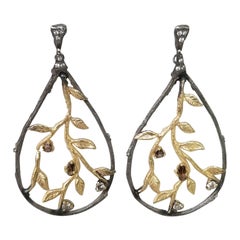 14 Karat Yellow Gold and Silver Bark and Leaf Diamond Earrings