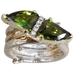 14 Karat Yellow Gold and Silver "Bark" Ring with Green Tourmaline