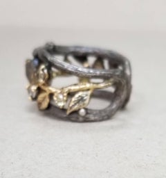 14 Karat Yellow Gold and Silver Bark Ring with Natural Rough Diamond