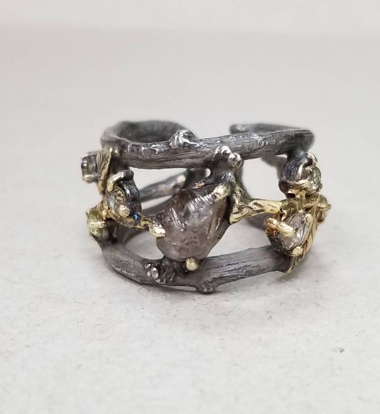 Arts and Crafts 14 Karat Yellow Gold and Silver Bark Ring with Natural Rough Diamond For Sale
