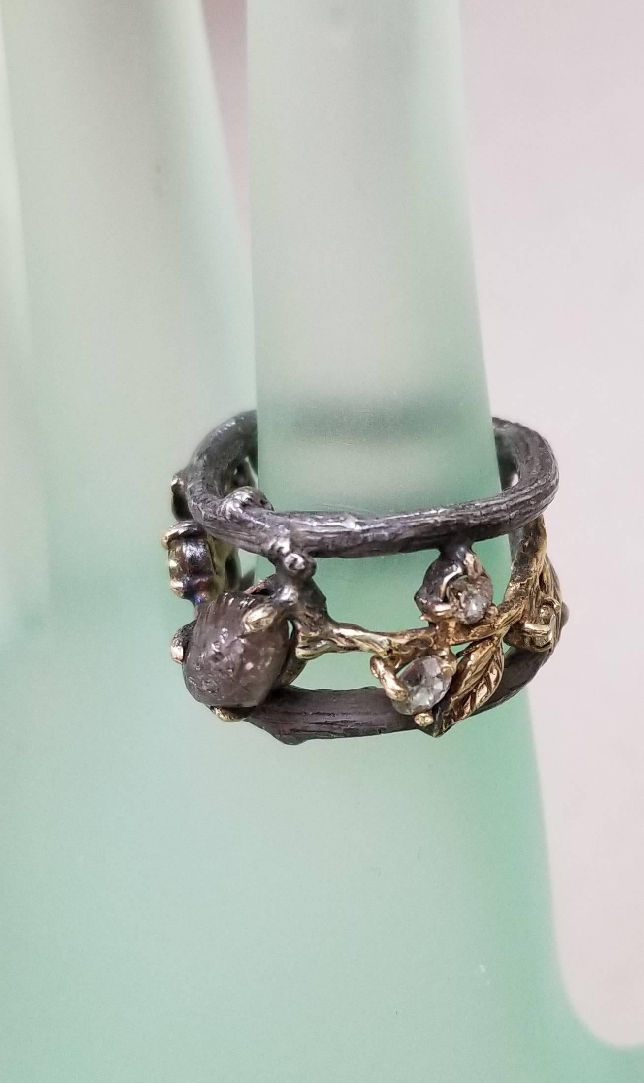 14 Karat Yellow Gold and Silver Bark Ring with Natural Rough Diamond For Sale 2