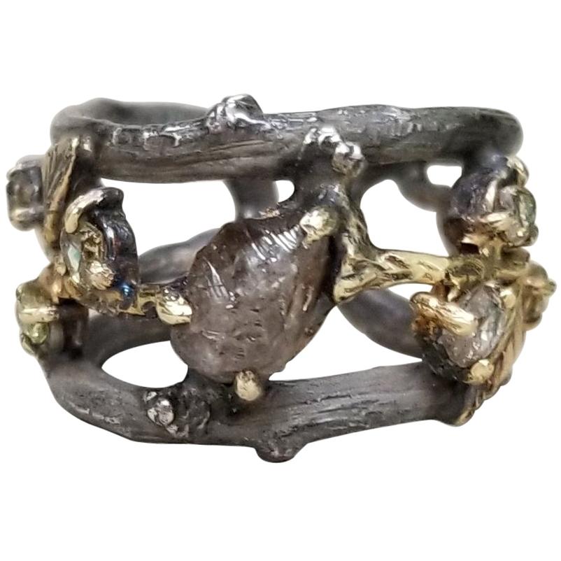 14 Karat Yellow Gold and Silver Bark Ring with Natural Rough Diamond For Sale