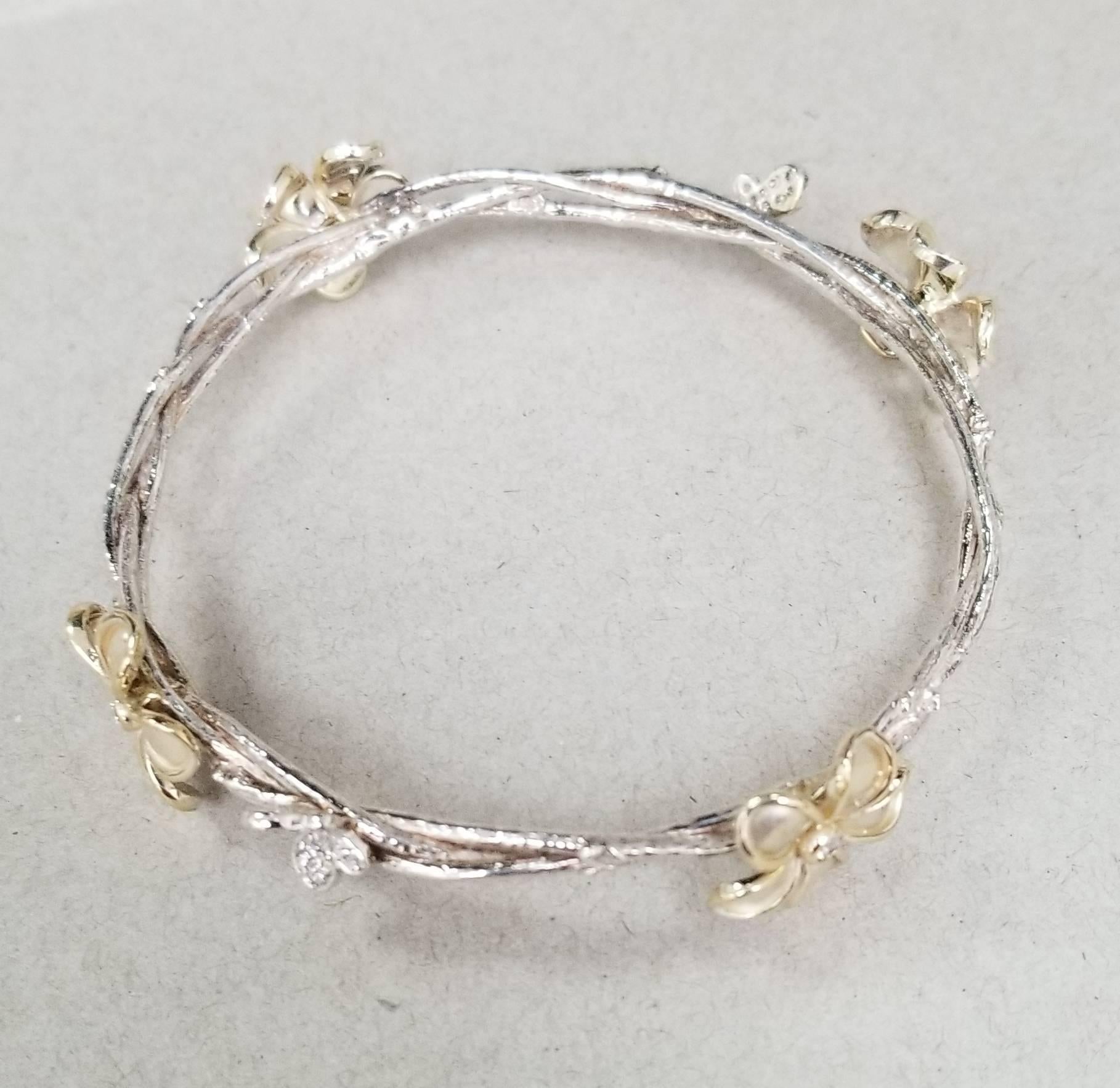 Round Cut 14 Karat Yellow Gold and Silver Diamond Bangle