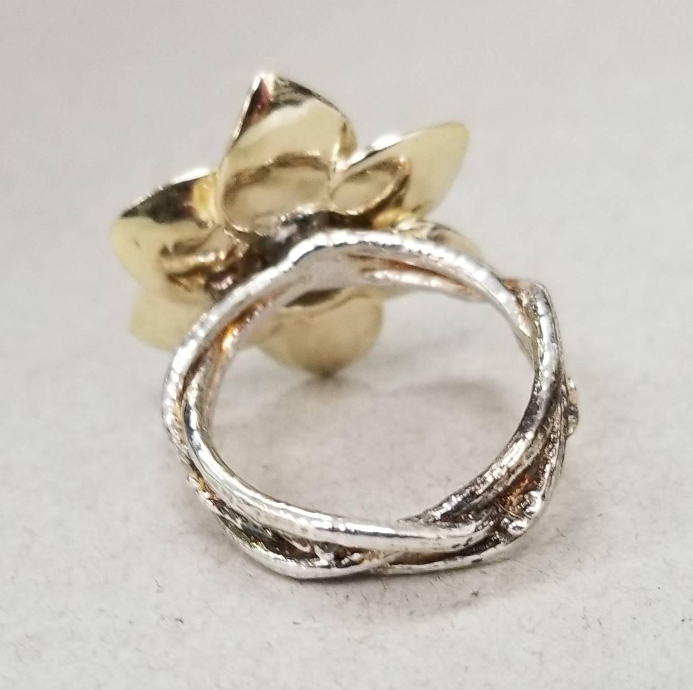 Arts and Crafts 14 Karat Yellow Gold and Silver Diamond Ring