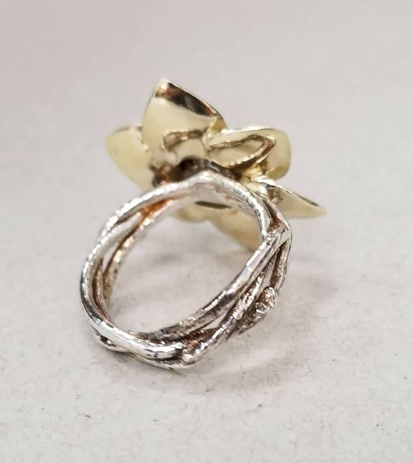 14 Karat Yellow Gold and Silver Diamond Ring In New Condition In Los Angeles, CA