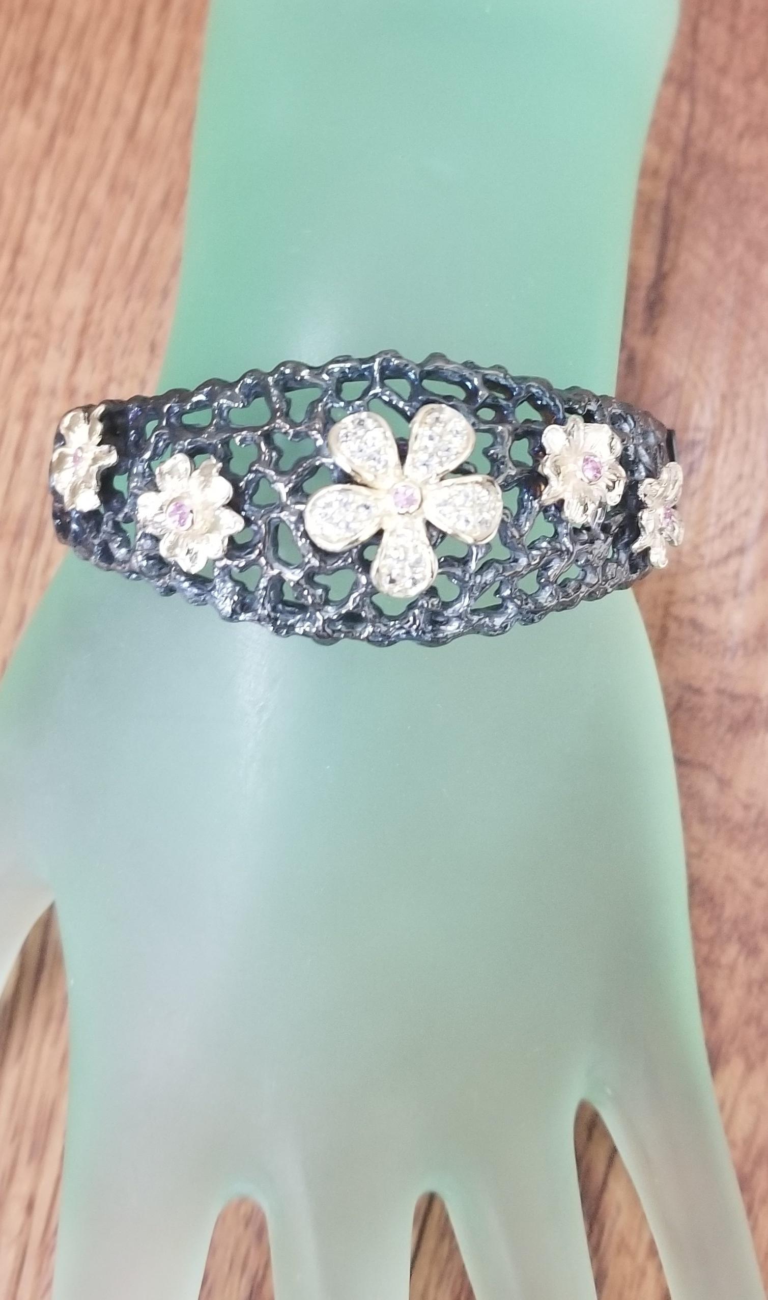 Women's 14 Karat Yellow Gold and Silver Flower Bracelet For Sale