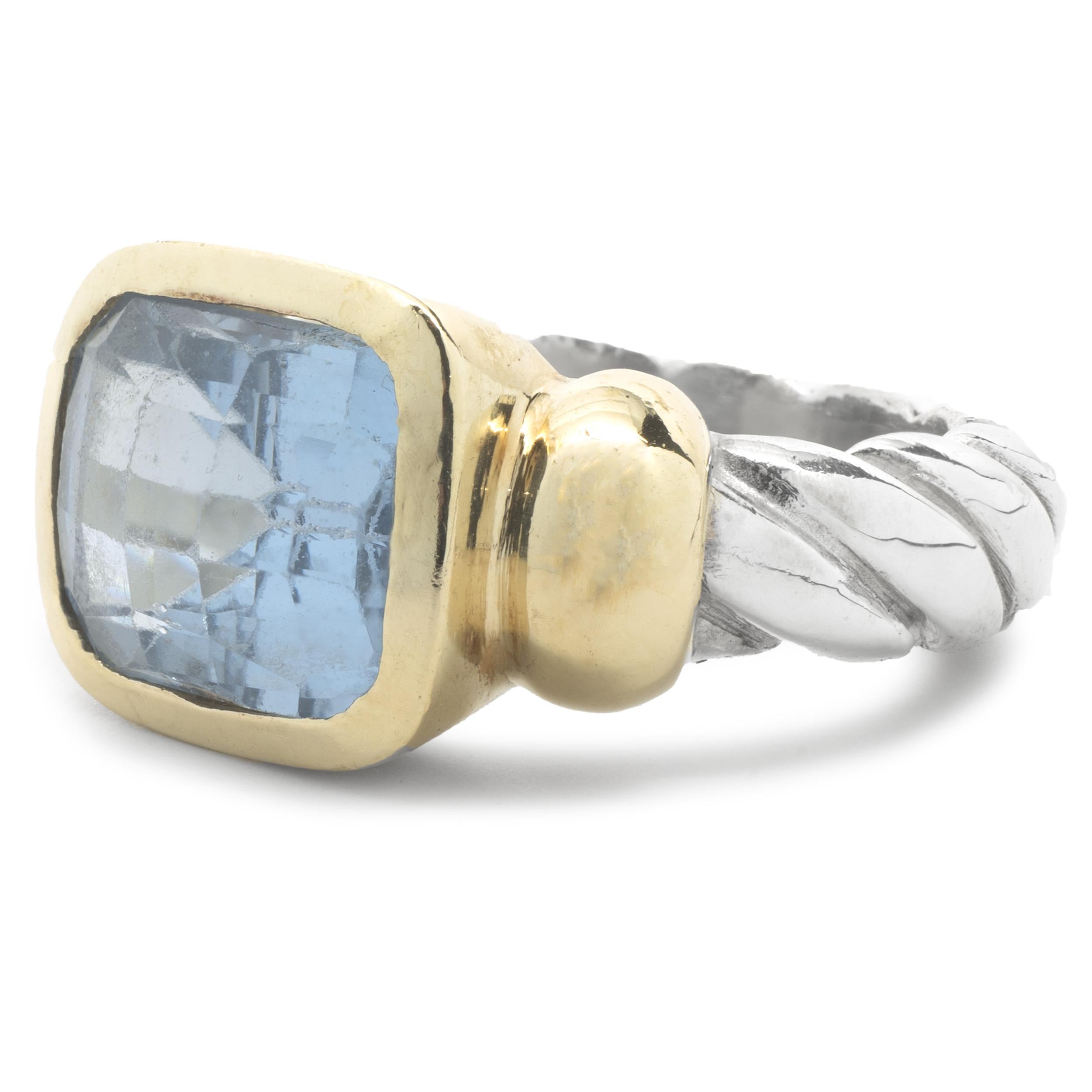 Cushion Cut 14 Karat Yellow Gold and Sterling Silver Blue Topaz Cable Ring