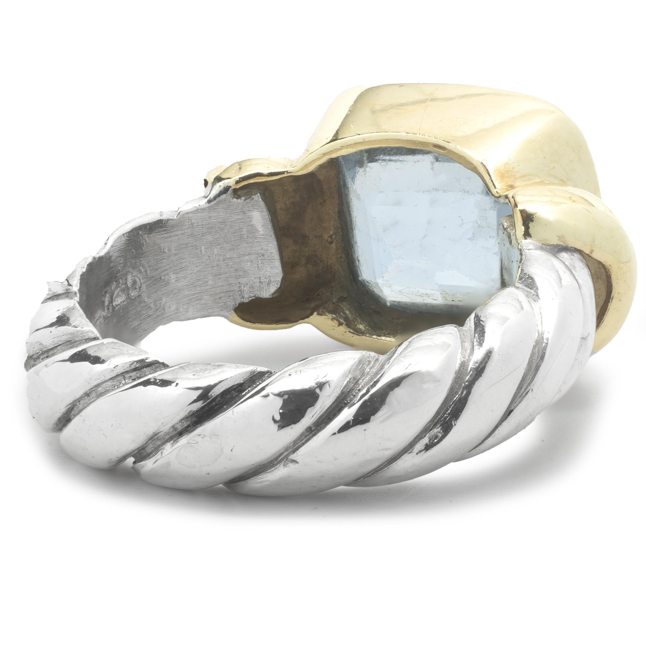 14 Karat Yellow Gold and Sterling Silver Blue Topaz Cable Ring In Excellent Condition In Scottsdale, AZ