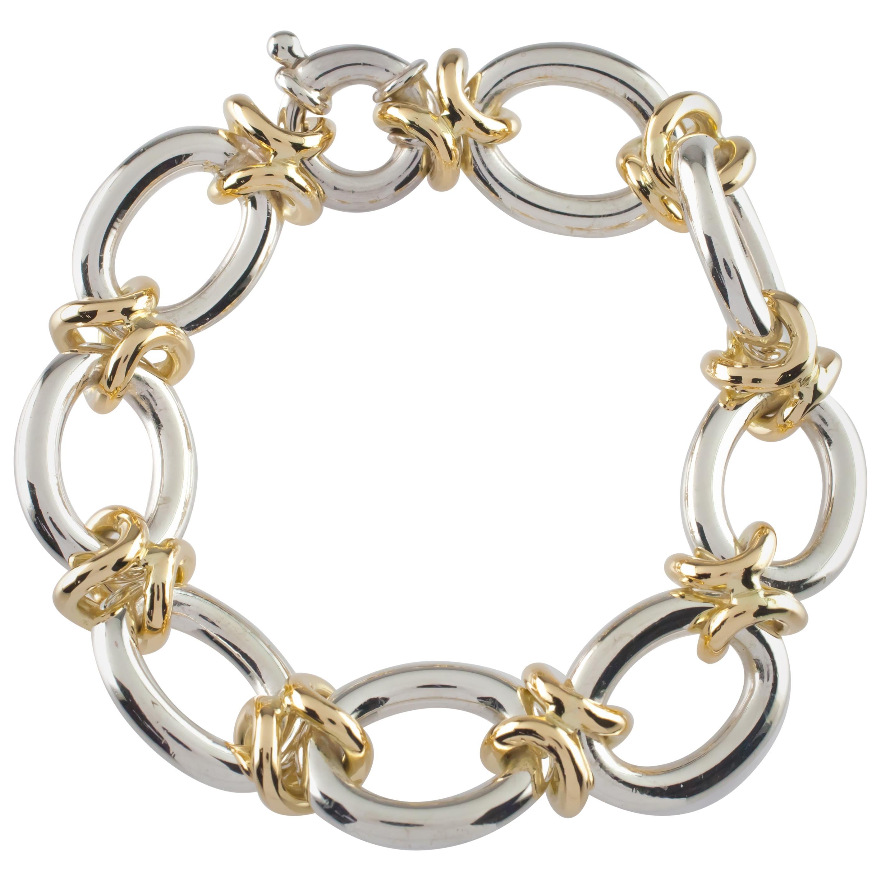 14 Karat Yellow Gold and Sterling Silver Heavy Link Bracelet 76.6 grams For Sale