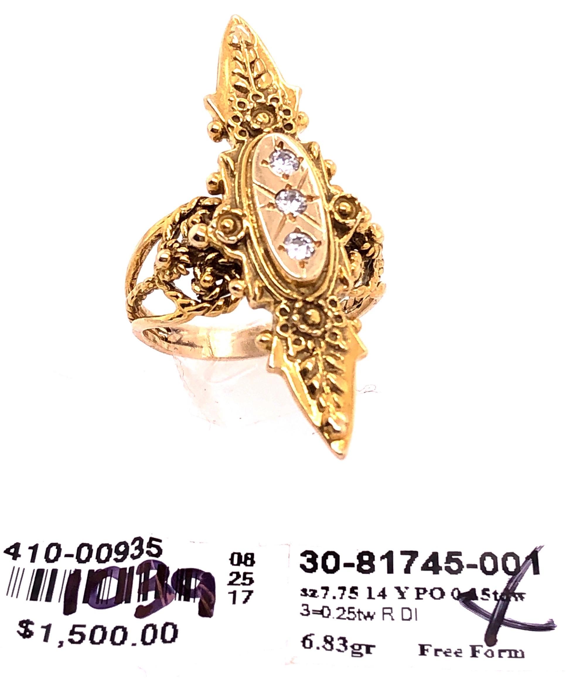 14 Karat Yellow Gold and Three Diamond Freeform Ring For Sale 2