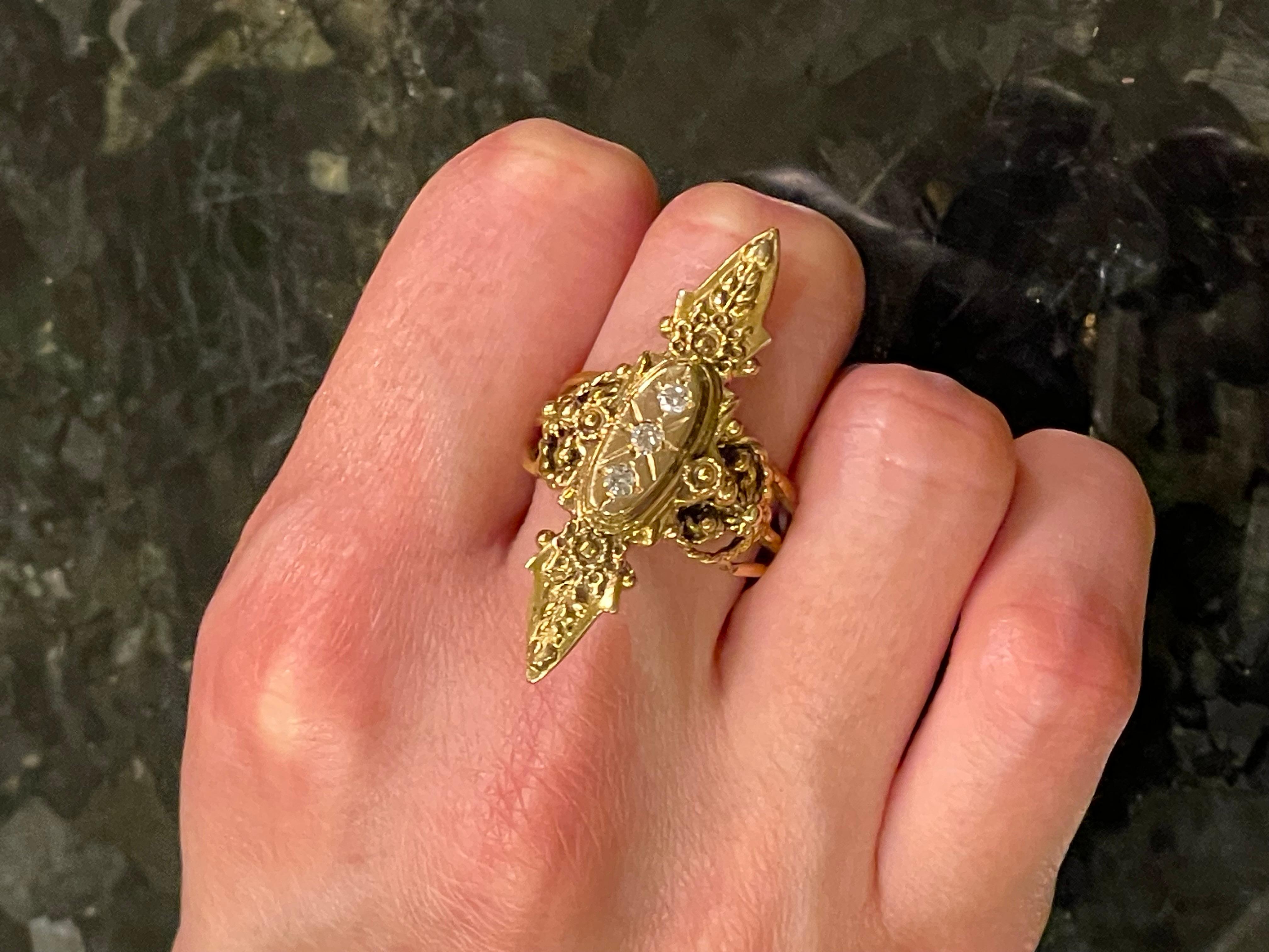 Women's 14 Karat Yellow Gold and Three Diamond Freeform Ring For Sale