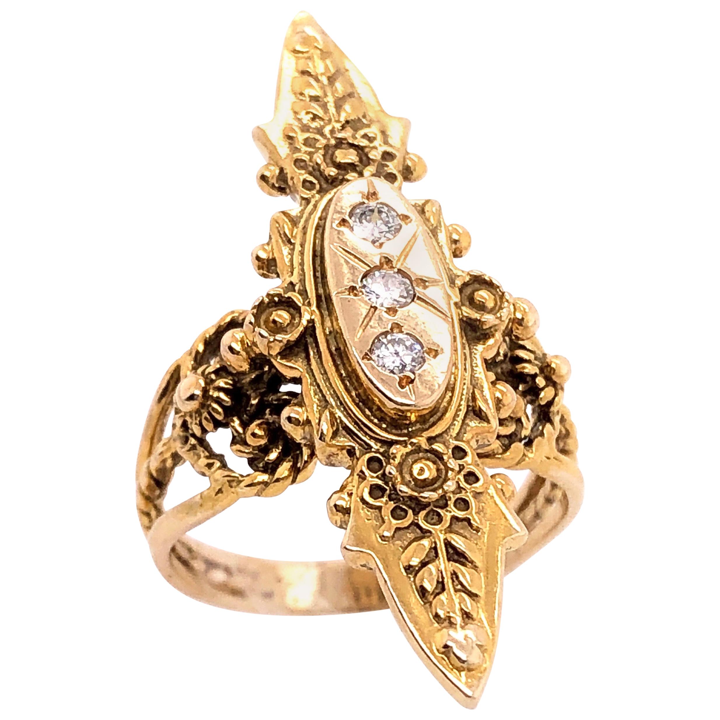 14 Karat Yellow Gold and Three Diamond Freeform Ring For Sale