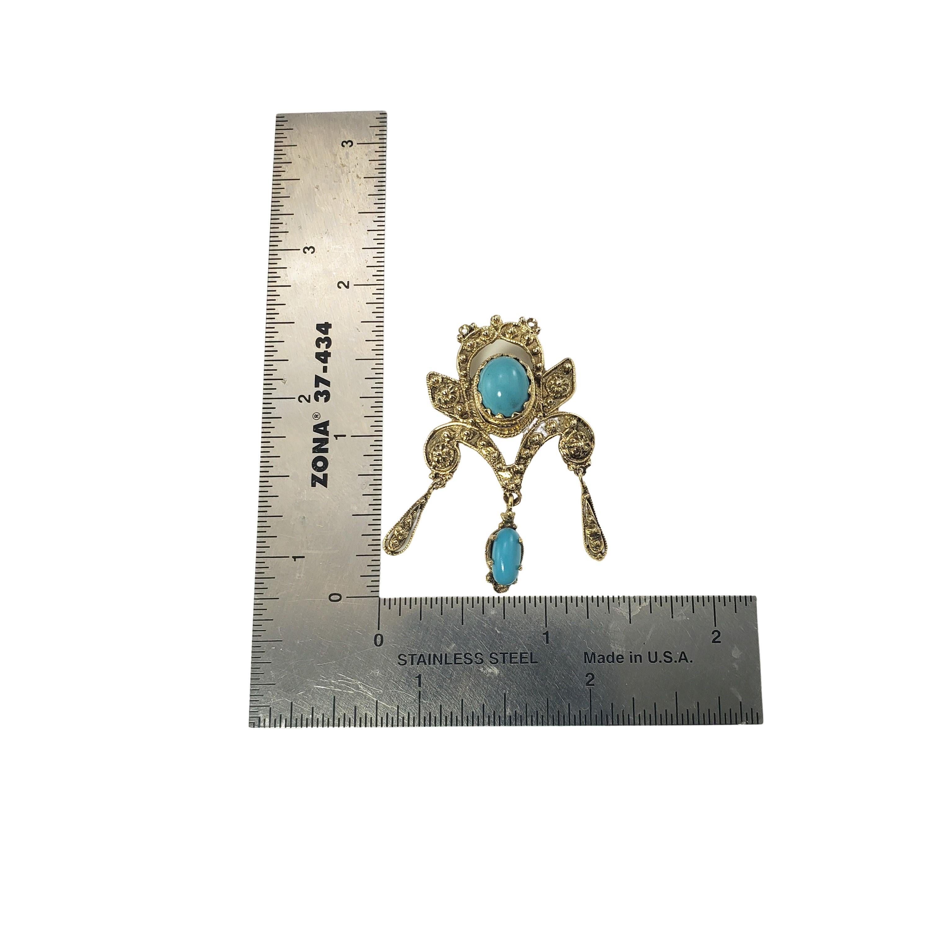 14 Karat Yellow Gold and Turquoise Brooch/Pendant For Sale 1