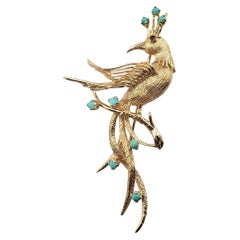 14 Karat Yellow Gold and Turquoise Peacock Brooch / Pin