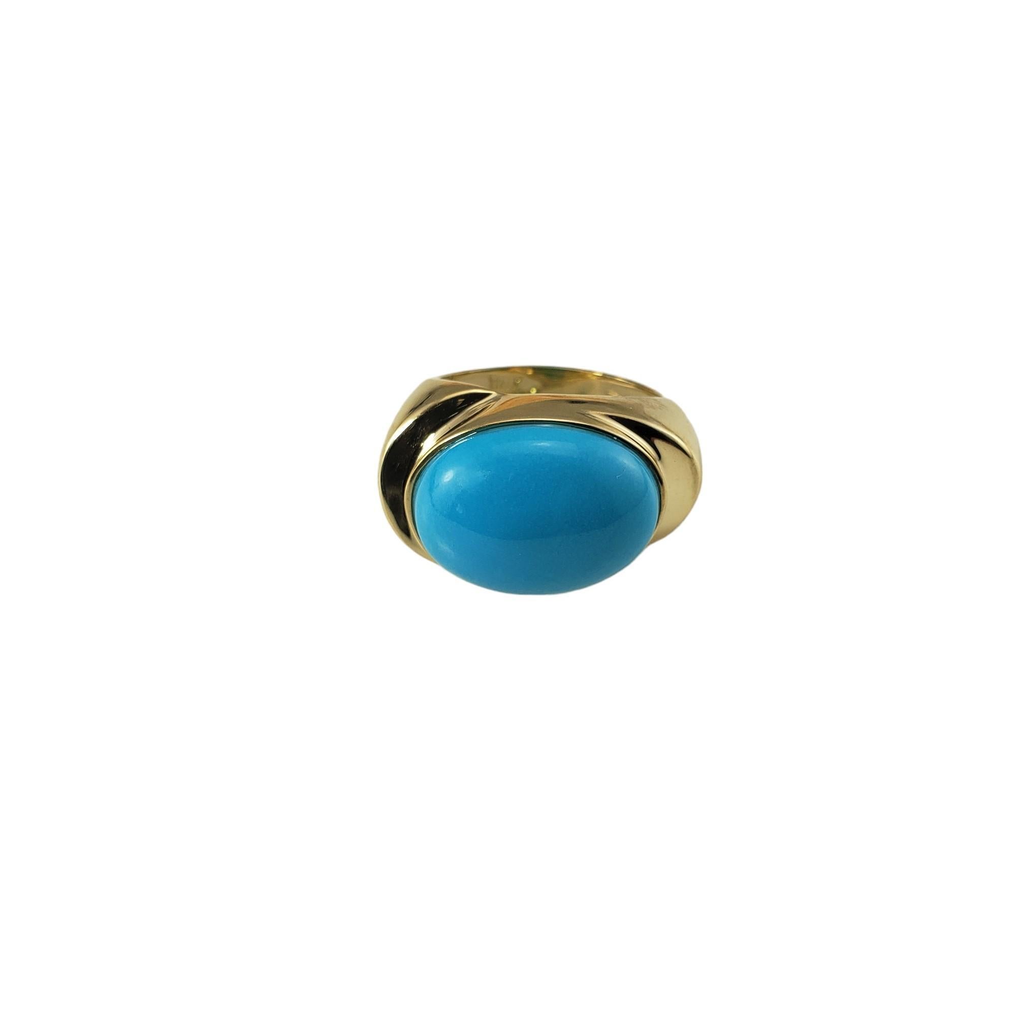 14 Karat Yellow Gold and Turquoise Ring Size 5

This stunning ring features one oval cabochon turquoise stone (17 mm x 13 mm) set in beautifully detailed 14K yellow gold.  

Width: 14 mm.  

Shank: 4 mm.

Ring Size: 5

Stamped: 14K Italy C

Weight: