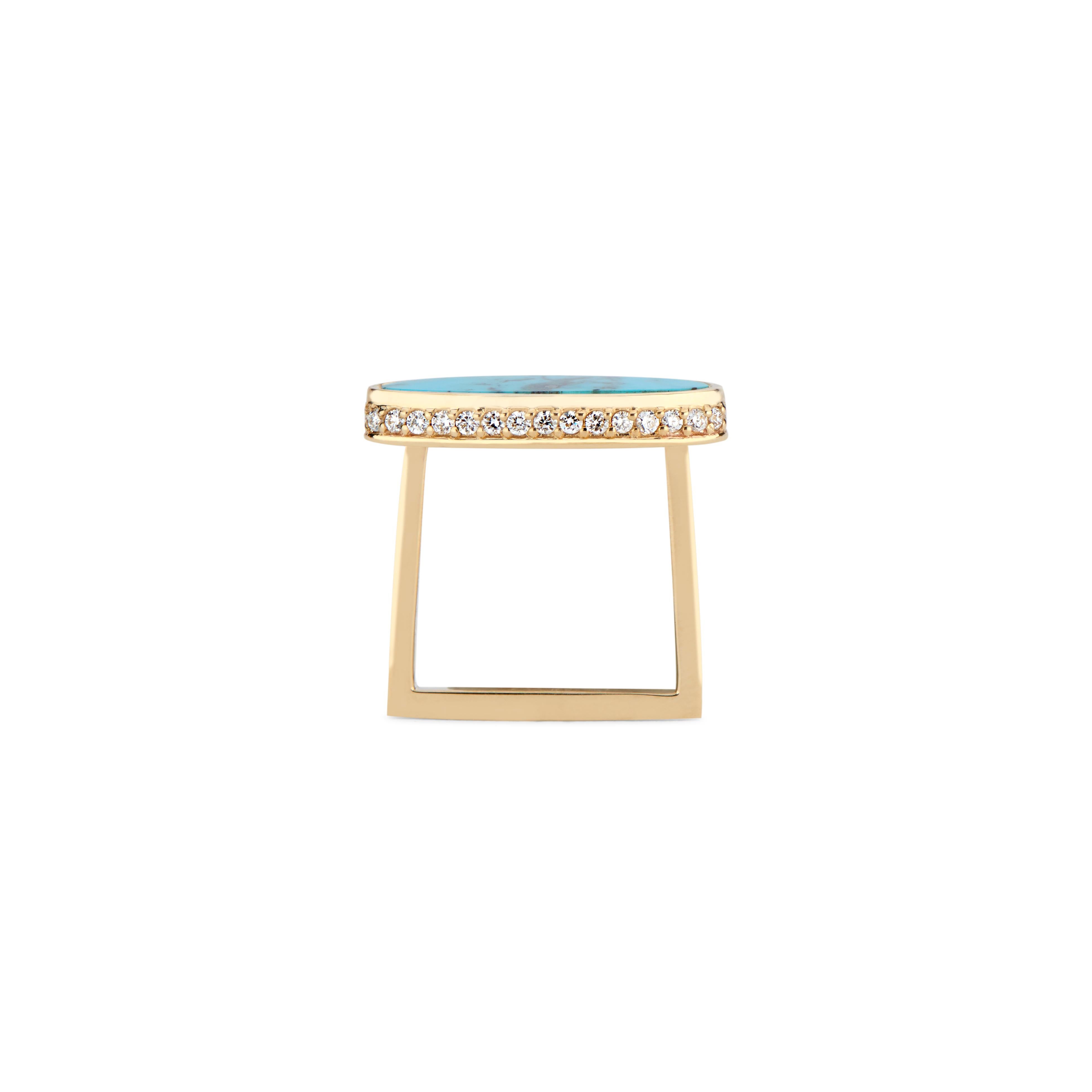 This 14k yellow gold ring features a beautiful turquoise set in the center and surrounded by a halo of 34 white diamonds. It is a thoroughly contemporary style with feminine details.  The shank's unique shape is incredibly lightweight and