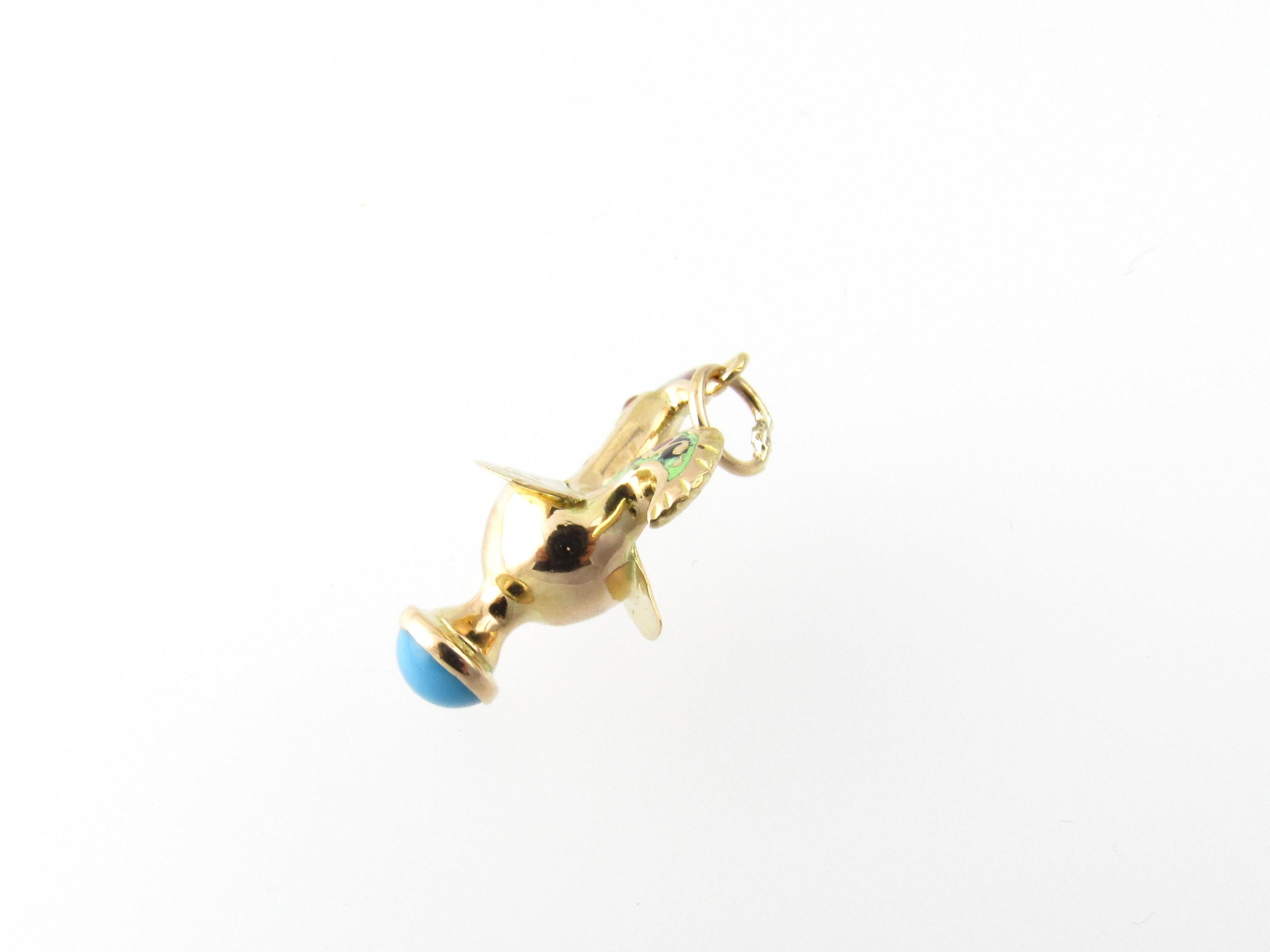 14 Karat Yellow Gold and Turquoise Rooster Charm In Good Condition In Washington Depot, CT