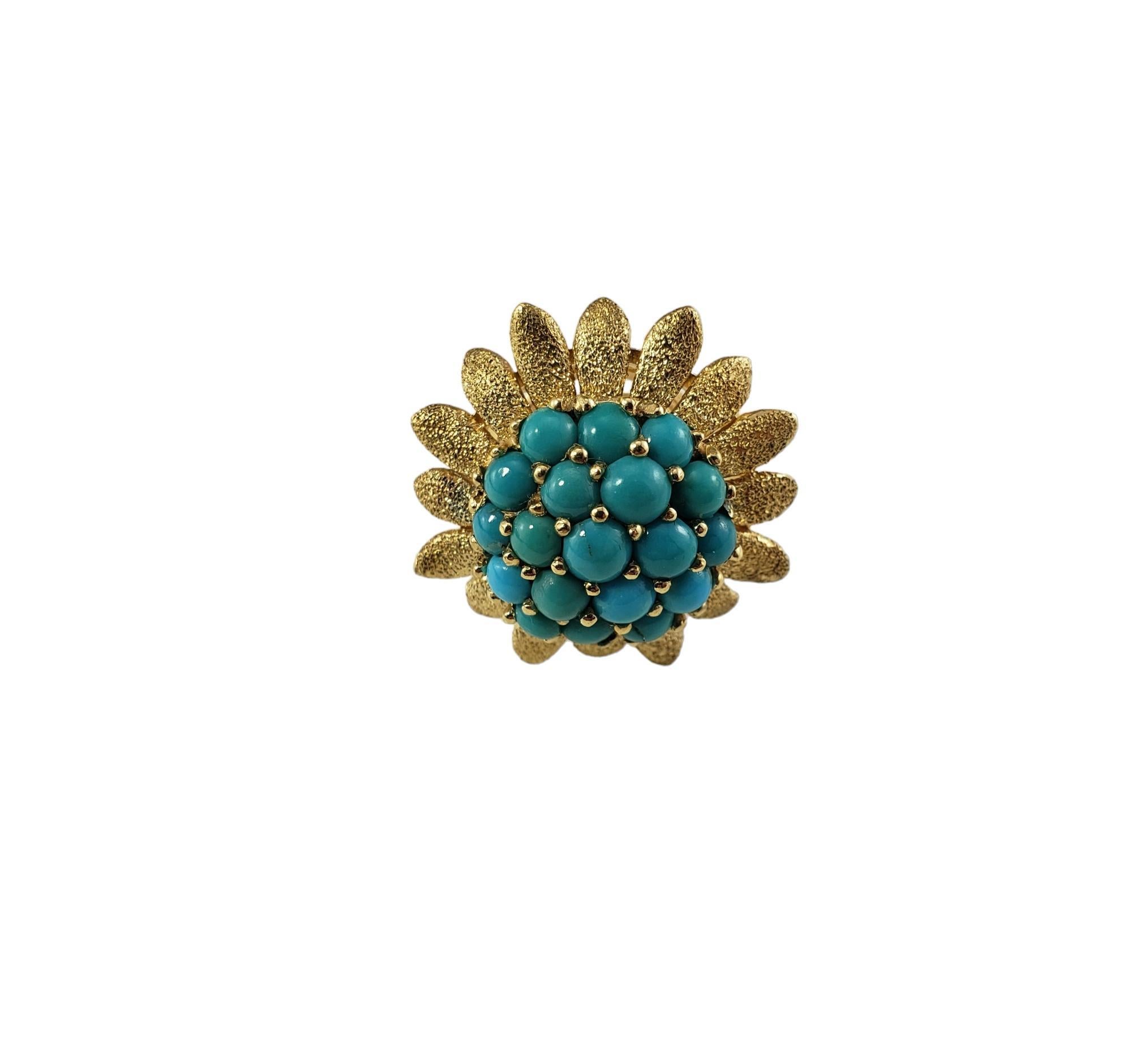 Vintage 14K Yellow Gold and Turquoise Sunflower Ring Size 6.24-6.5-

This stunning sunflower ring features 18 round turquoise stones set in beautifully detailed 14K yellow gold.  

Diameter 24 mm / Height 12.4 mm

Shank: 2 mm.

Ring Size: