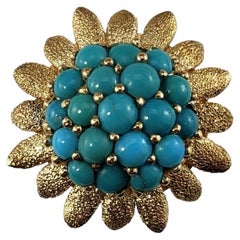 Bague tournesol en or jaune 14 carats et turquoise taille 6,25-6,5 n° 16077