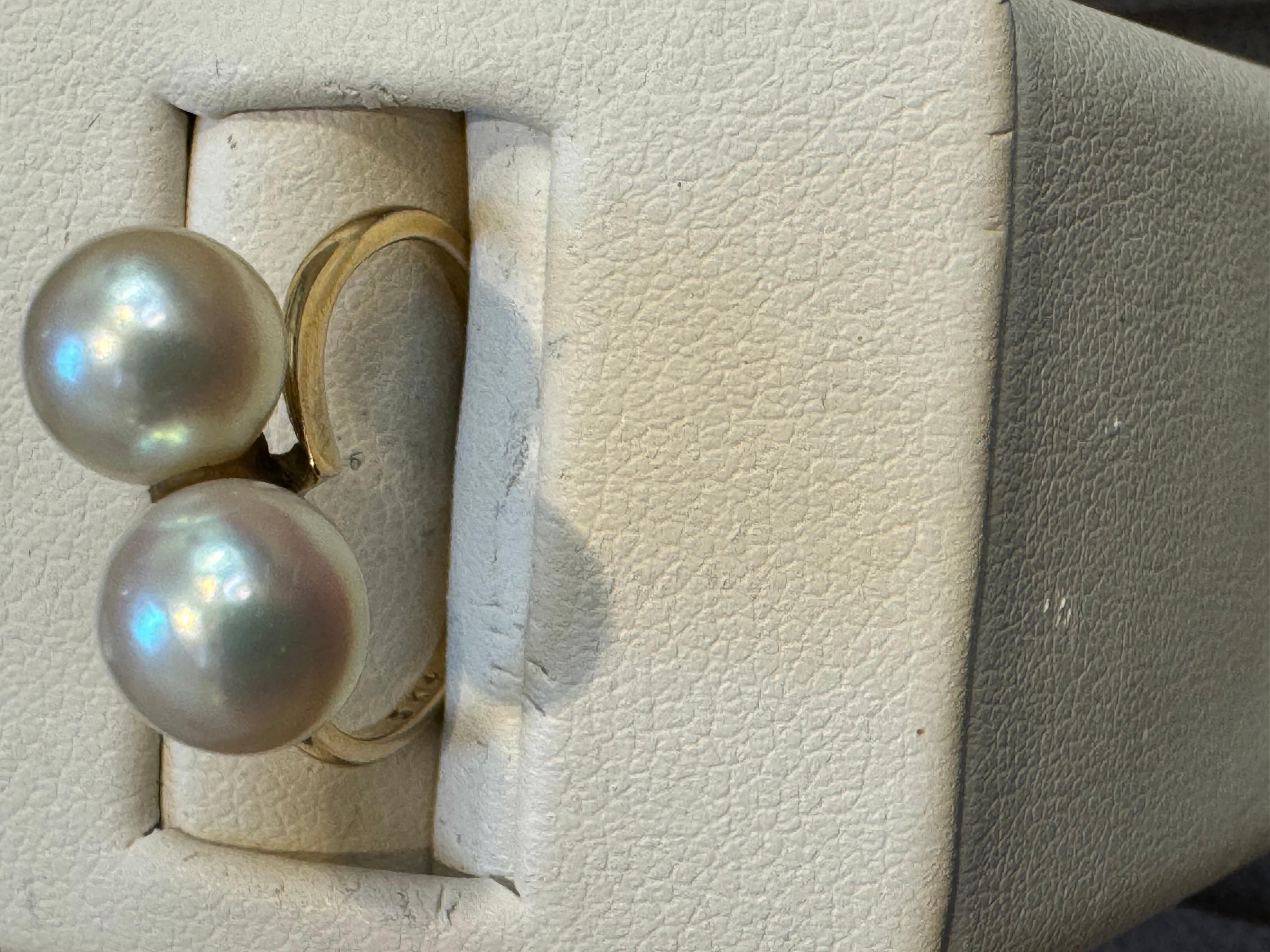 Women's 14 Karat Yellow Gold And Two Pearls Ring By Designer MIKIMOTO