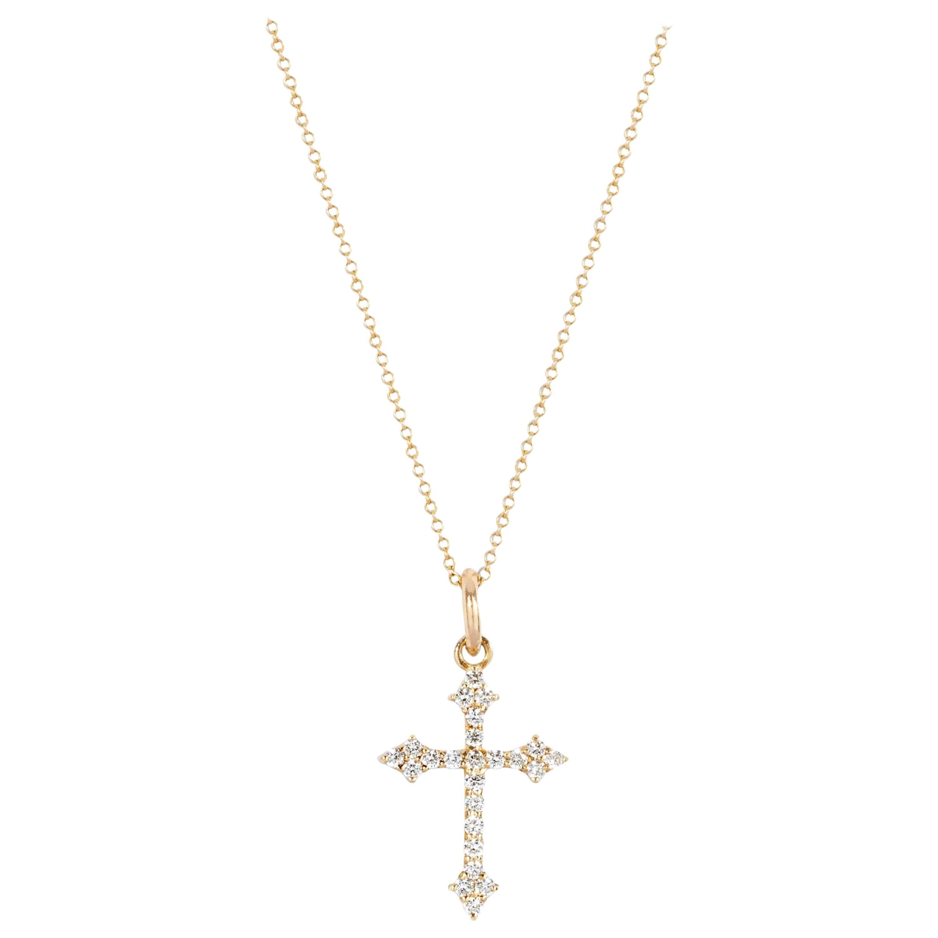 14 Karat Yellow Gold and White Diamond Baby Gothic Cross Pendant For Sale