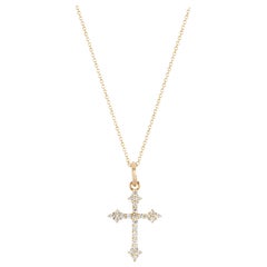 14 Karat Yellow Gold and White Diamond Baby Gothic Cross Pendant