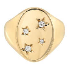 14 Karat Yellow Gold and White Diamond Classic Starred Signet