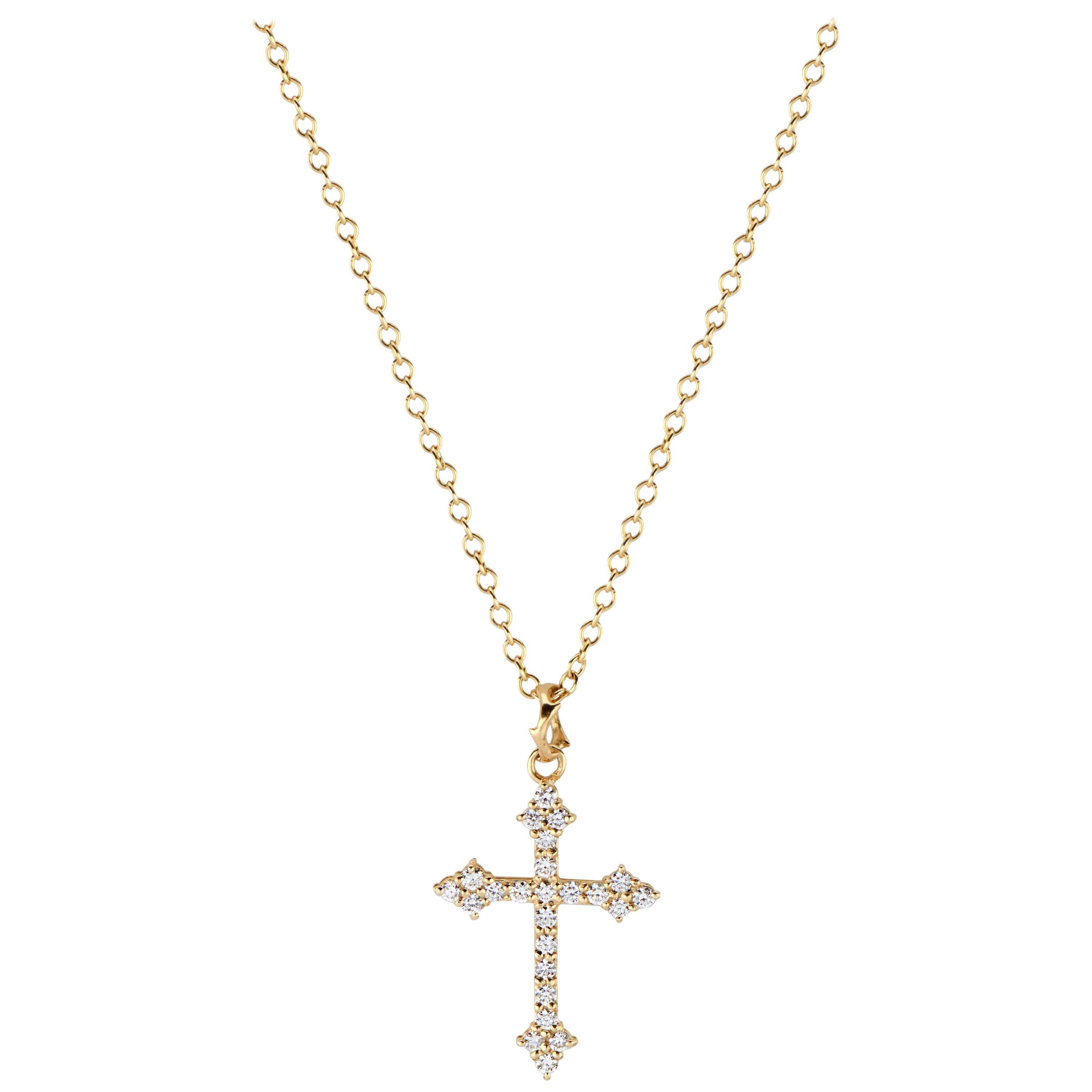 14 Karat Yellow Gold and White Diamond Gothic Cross Pendant For Sale