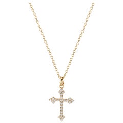 14 Karat Yellow Gold and White Diamond Gothic Cross Pendant