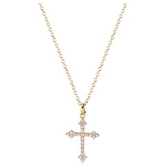 14 Karat Yellow Gold and White Diamond Gothic Cross Pendant