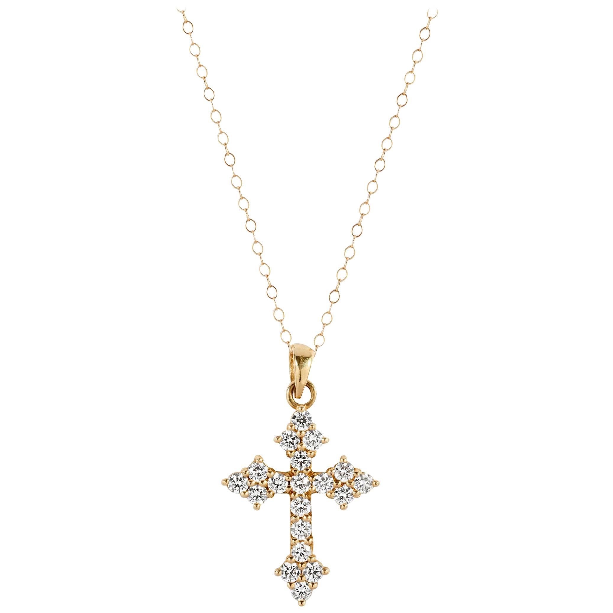 14 Karat Yellow Gold and White Diamond Large Gothic Cross Pendant 1.36 Carat For Sale