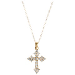 14 Karat Yellow Gold and White Diamond Large Gothic Cross Pendant 1.36 Carat