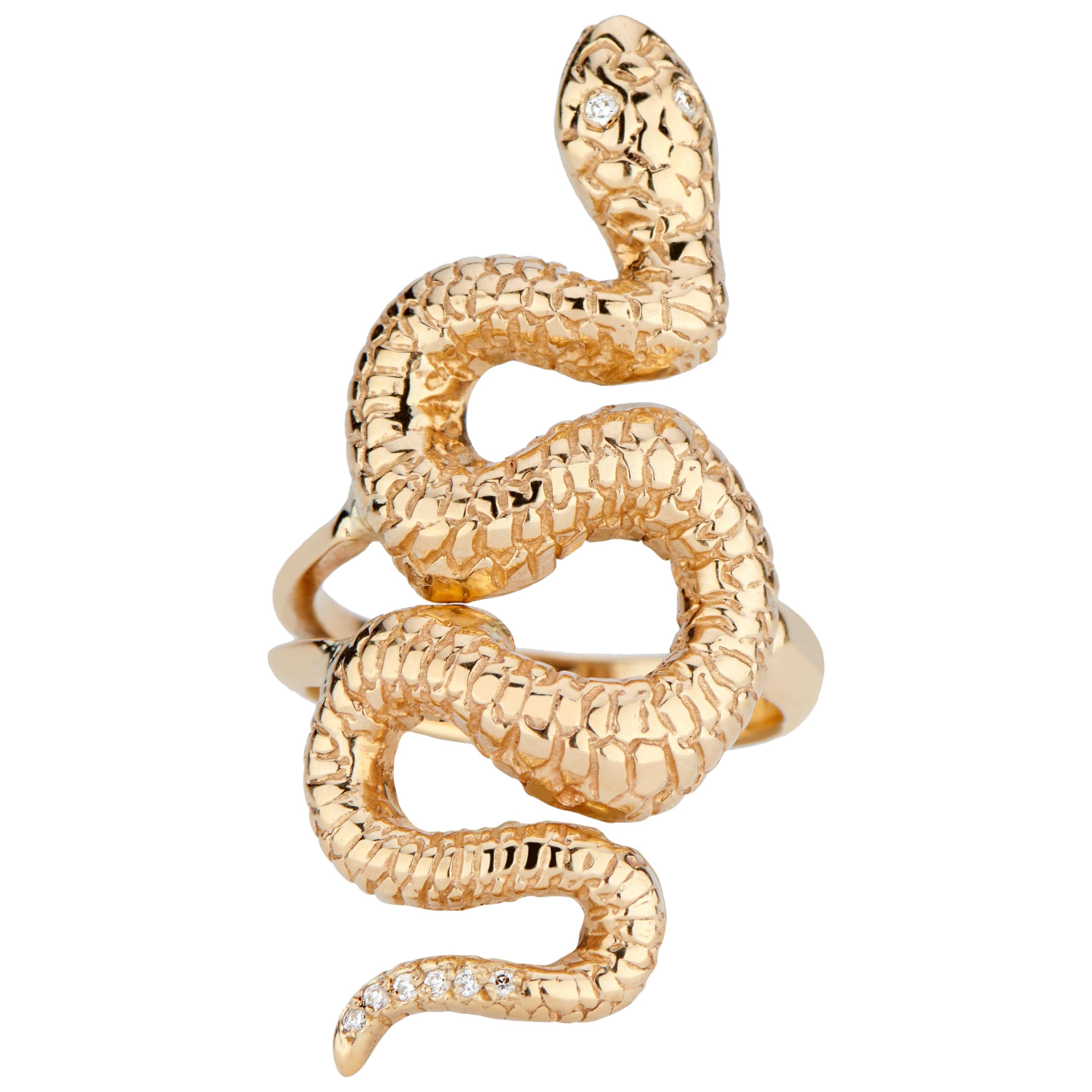 14 Karat Yellow Gold and White Diamond Snake Ring