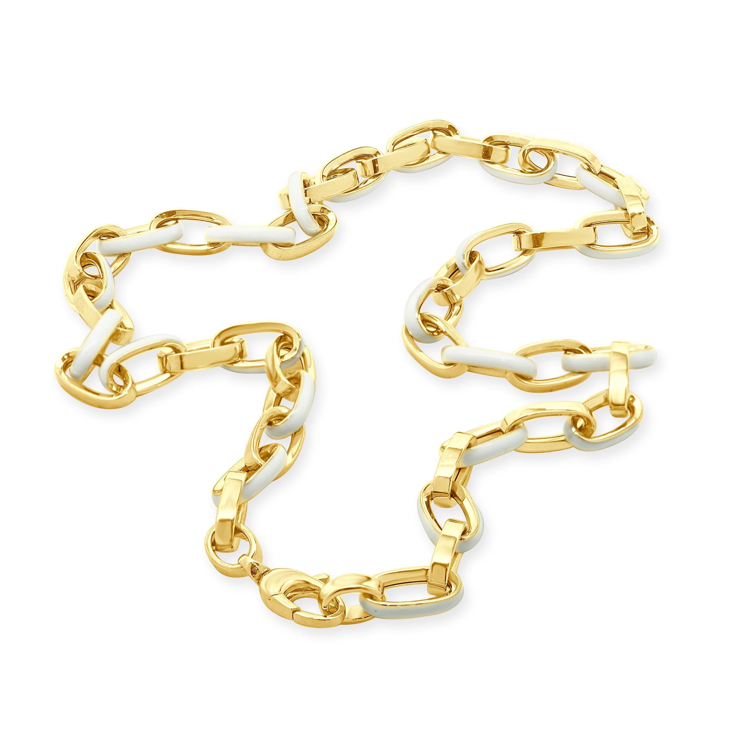 Collier à maillons ovales en or jaune 14 carats et émail blanc Excellent état - En vente à Scottsdale, AZ