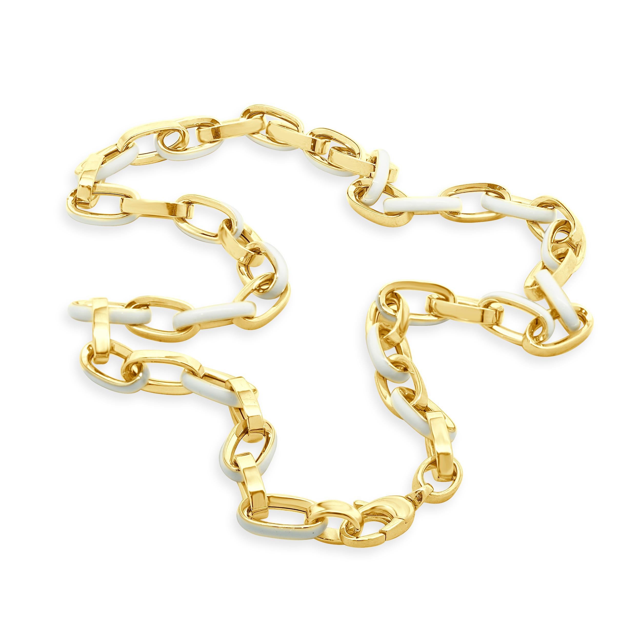 Collier à maillons ovales en or jaune 14 carats et émail blanc Pour femmes en vente