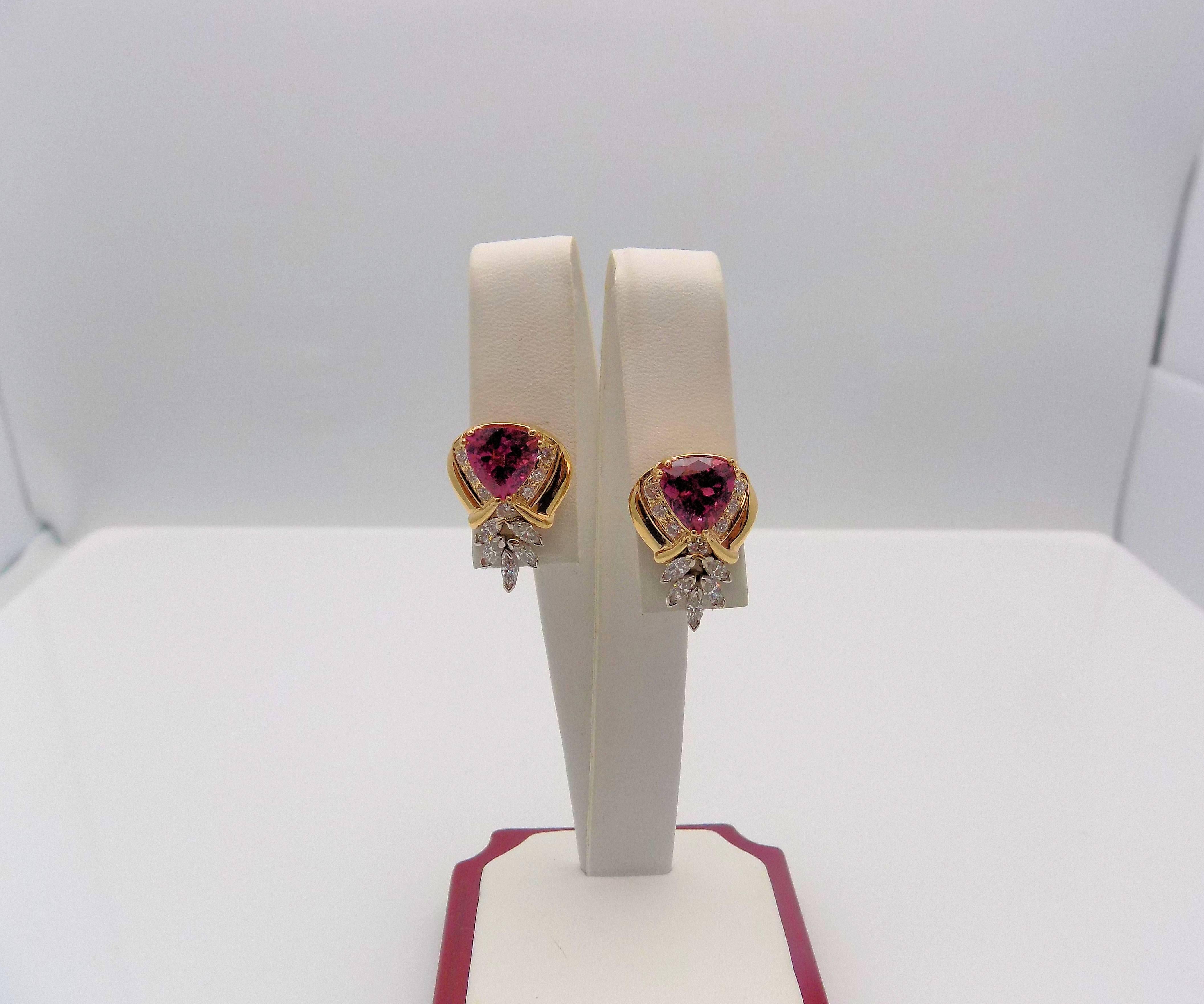 14 Karat Gold and White Gold Diamond and Pink Tourmaline Pierced Earrings In New Condition In Dallas, TX