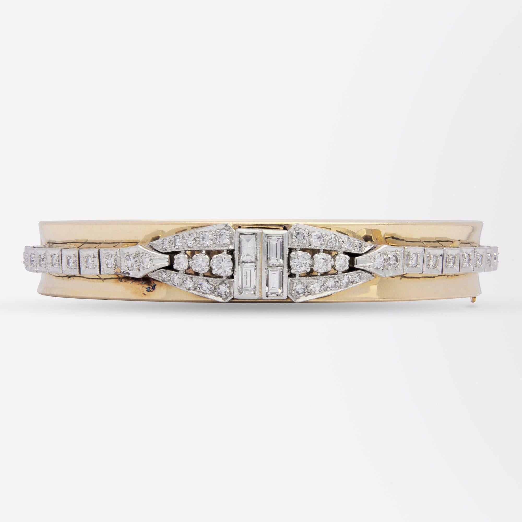 A wonderful 14 karat yellow gold hinged bangle set with a diamond mounted 14 karat white gold Art Deco bracelet. This unusual bangle has carefully combined components from an original Art Deco diamond bracelet onto a modern bangle which is more