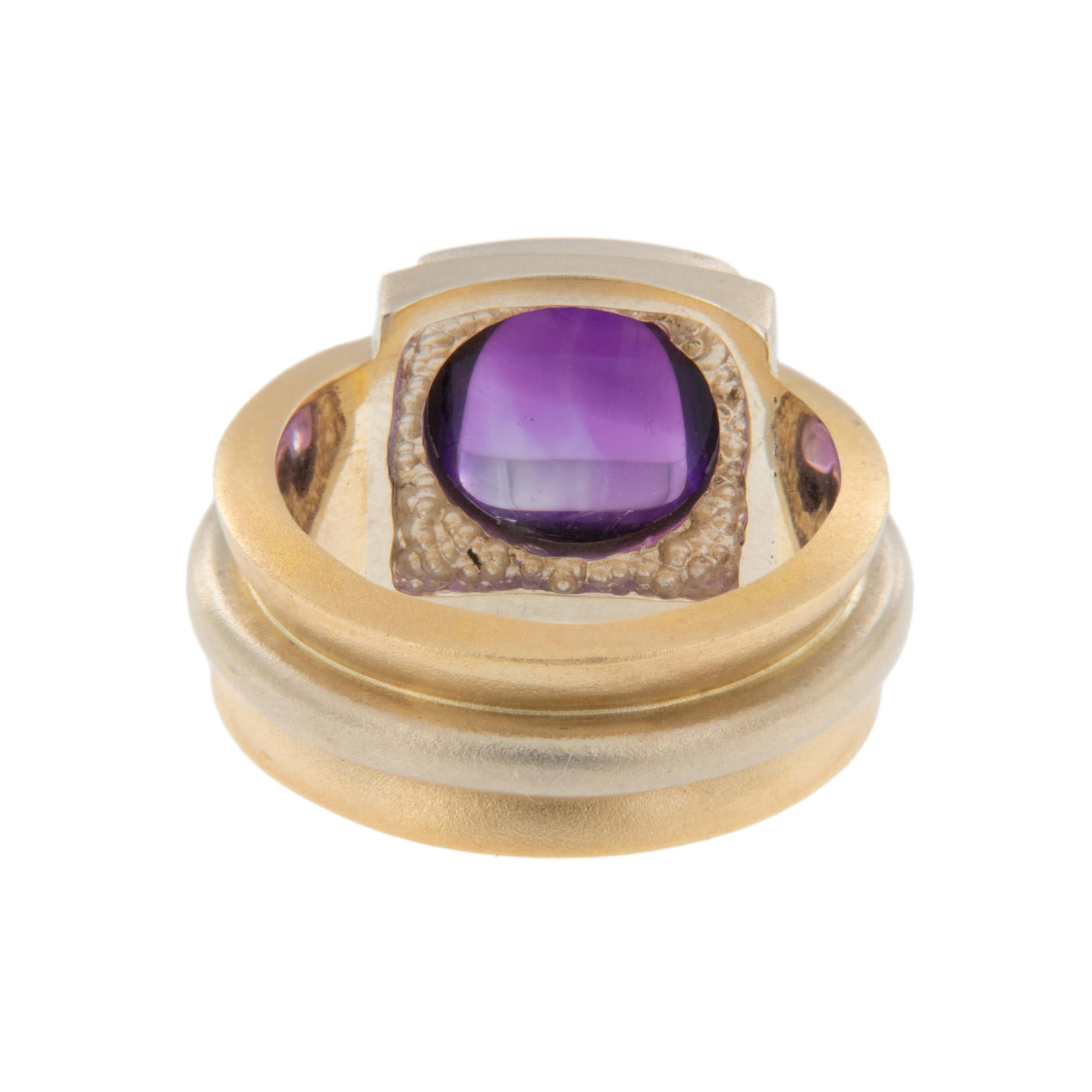 Sugarloaf Cabochon 14 Karat Yellow Gold  and White Gold Sugarloaf Amethyst Ring by Patrick Irla For Sale