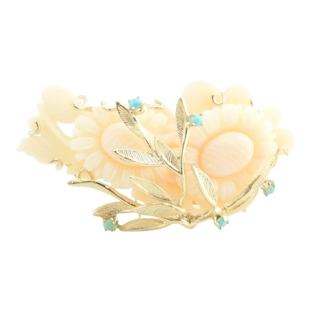 14 Karat Yellow Gold Angel Skin Coral and Turquoise Brooch / Pin For Sale