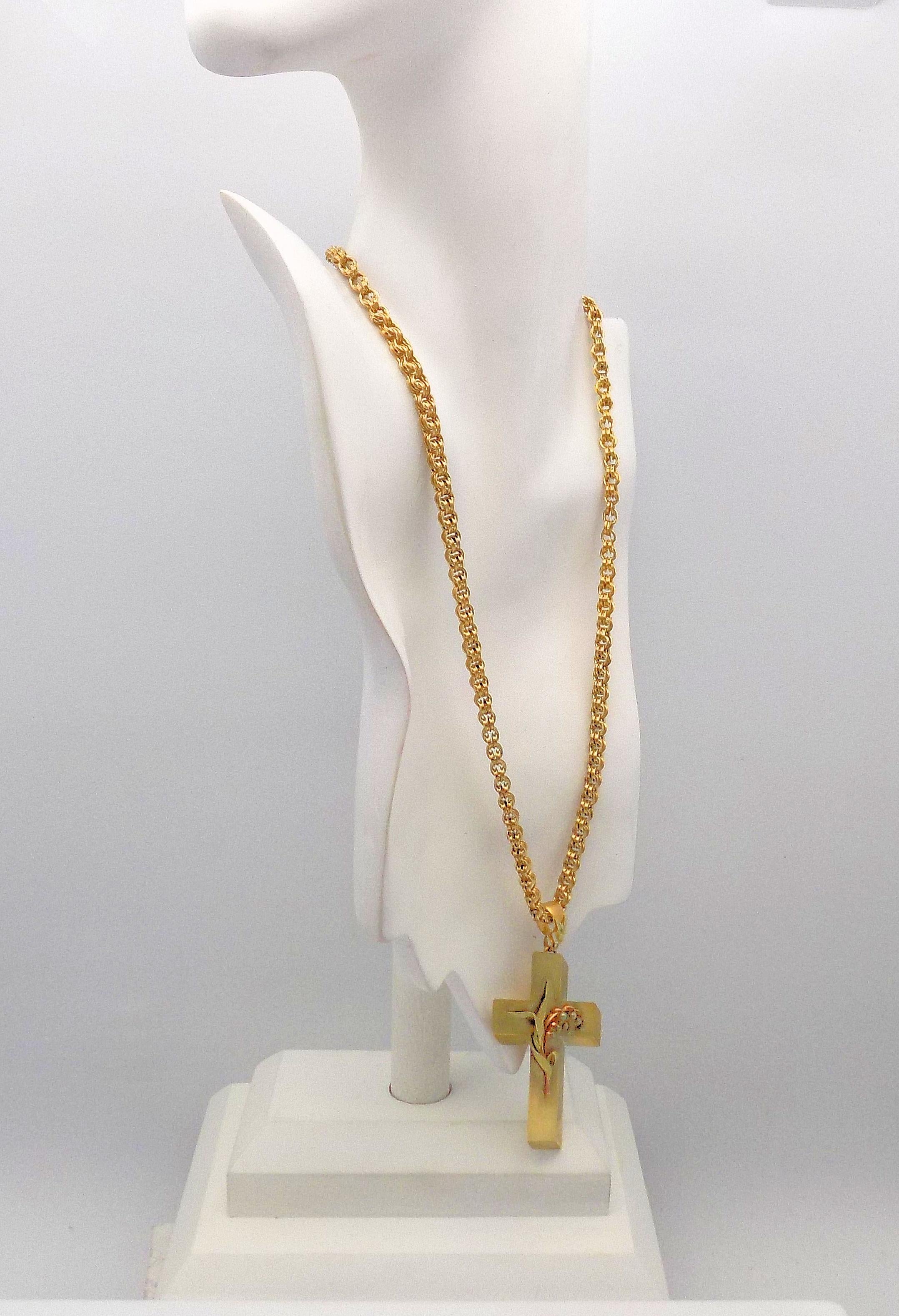 Women's 14 Karat Yellow Gold Antique Cross Pendant and Chain For Sale
