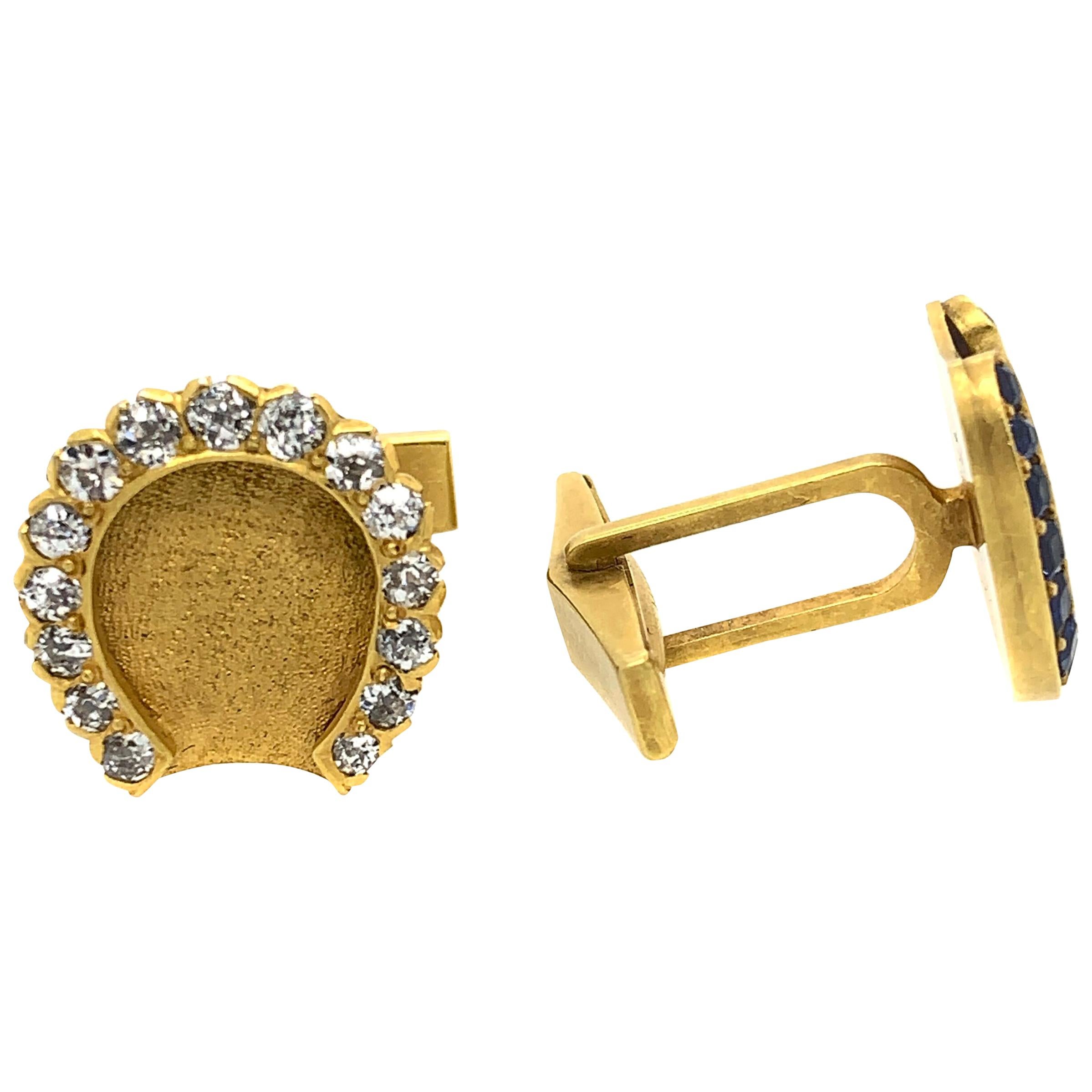Boutons de manchette anciens en or jaune 14 carats avec crin de cheval